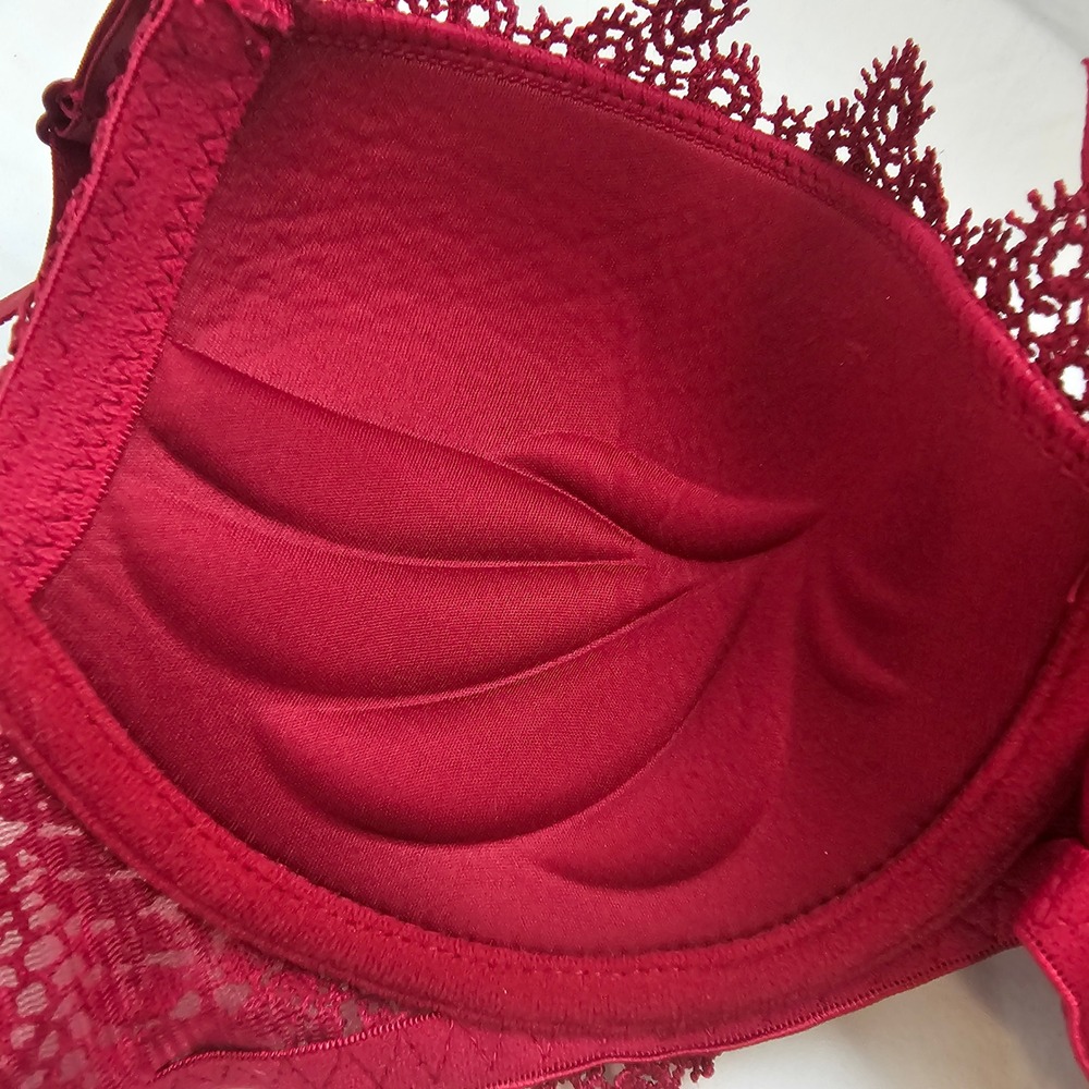 Burgundy Red Lace Push Up Bra Padded Underwire Floral Trim 85B 38B - Picture 3 of 7